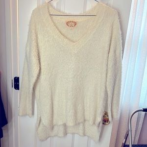 White furry v-neck sweater